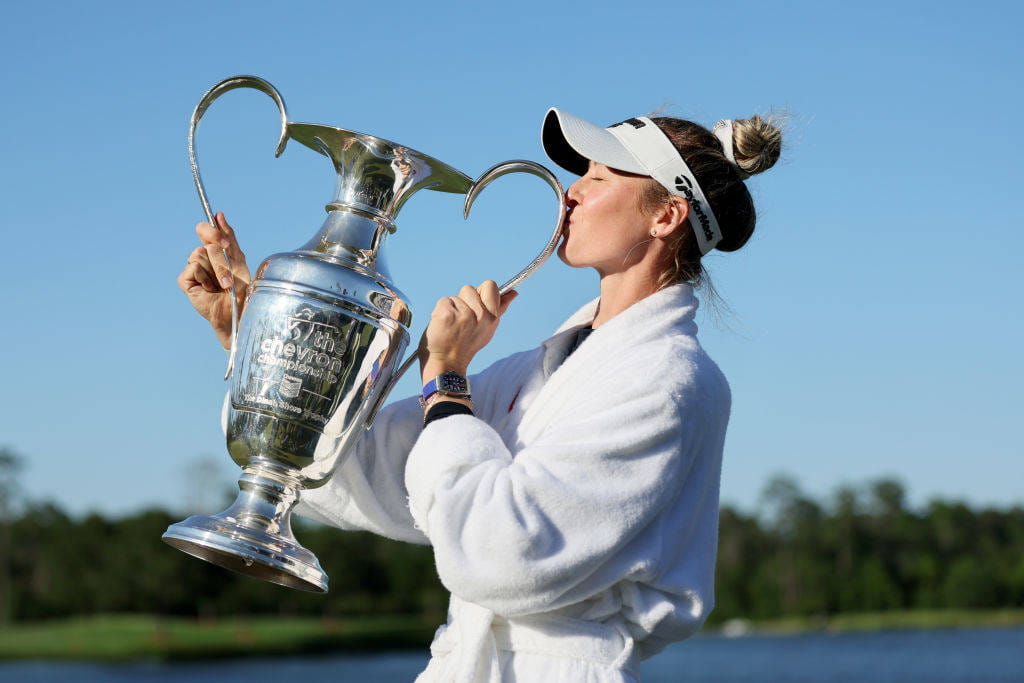 Nelly Korda poses with the trophy after winning the 2024 Chevron Championship